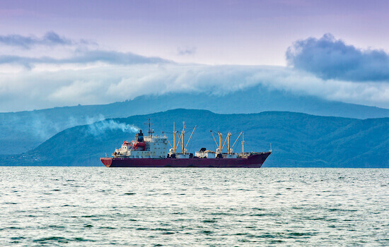 A fishing vessel on the Pacific Ocean off the coast of the Kamchatka Peninsula.